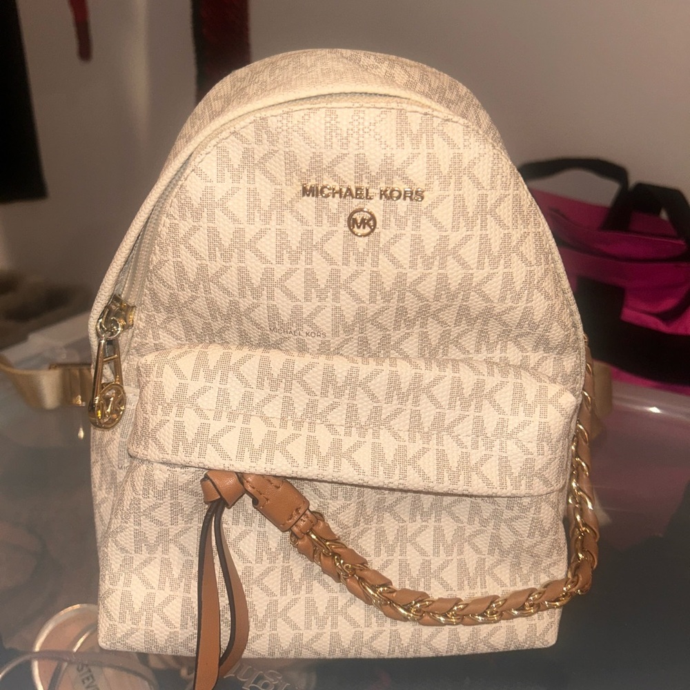Michael Kors Beige and Tan Logo Backpack
